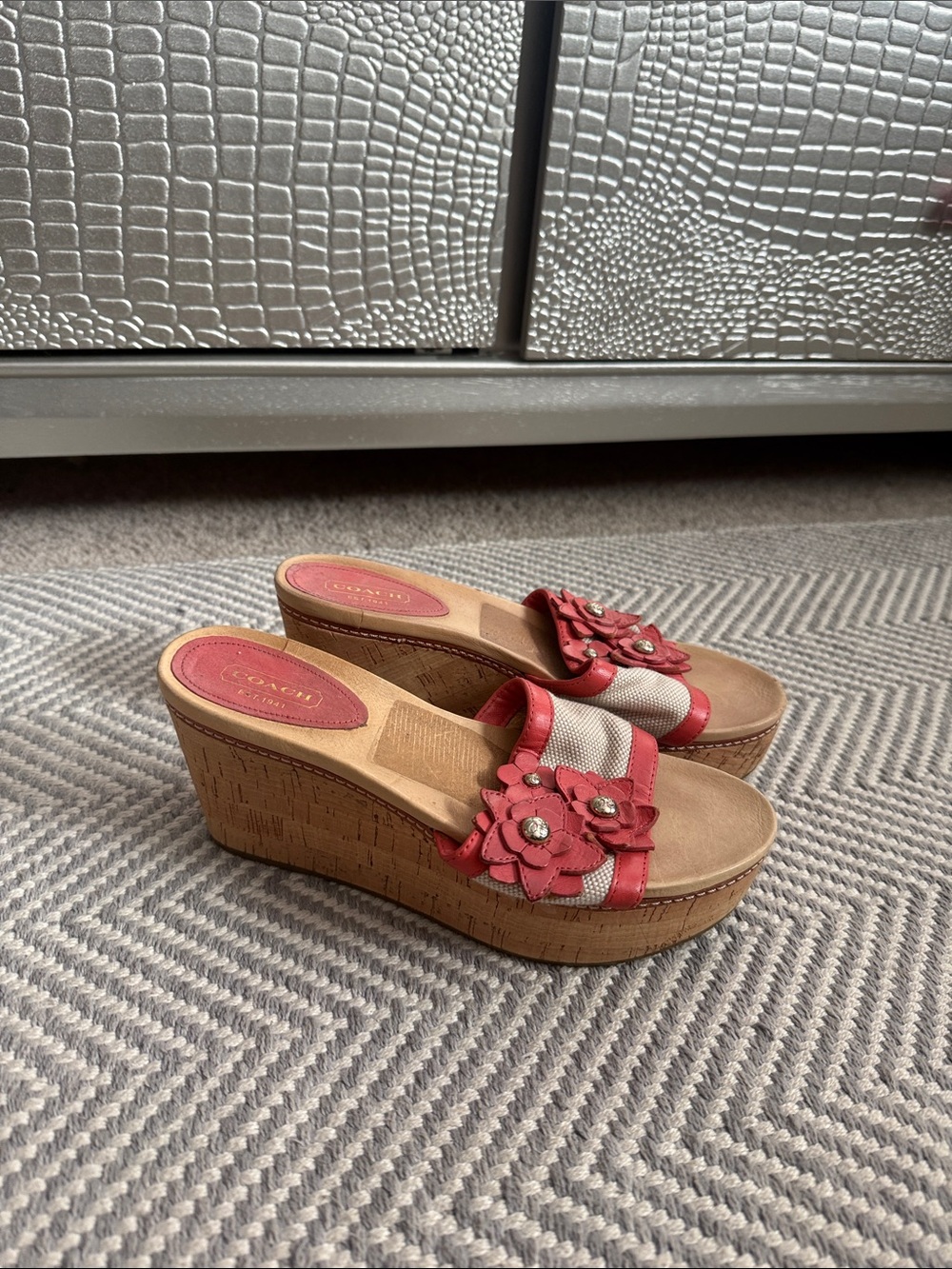 Coach Red Floral Cork Wedge Sandals